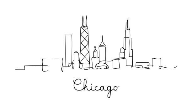 一線風格的芝加哥城天際線。簡單的現代簡約風格向量。 - 美國 插圖 幅插畫檔、美工圖案、卡通及圖標