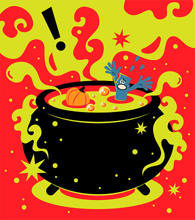 One man is stewed in a big cauldron (stew pot) at halloween horror nights; Having a nightmare; In a bad situation