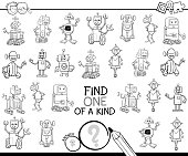 Black and White Cartoon Illustration of Find One of a Kind Educational Activity Game for Children with Robots Machines Characters Coloring Book