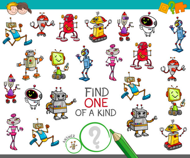 one of a kind game with robot characters Cartoon Illustration of Find One of a Kind Educational Activity Game for Children with Robots Comic Characters robot drawings stock illustrations