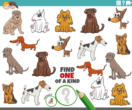 one of a kind task for children with cartoon purebred dogs