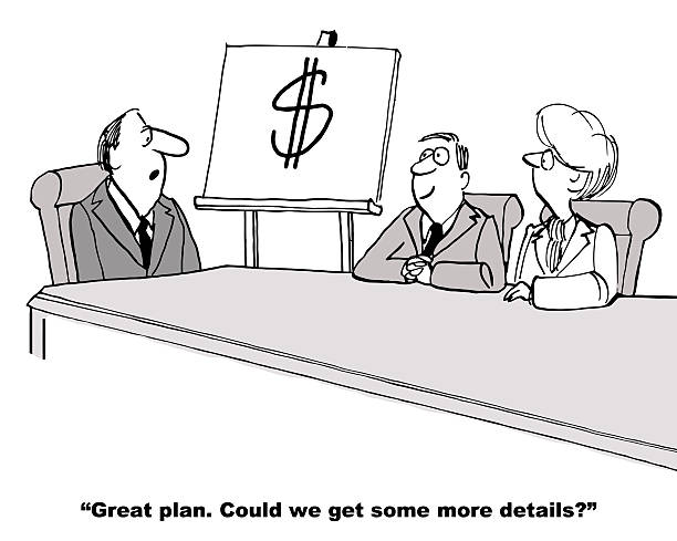 One Page Plan Cartoon of business people presenting annual marketing plan to business boss - a one page plan with a dollar sign, making money - boss says, great plan, could we get some more details. cfo stock illustrations