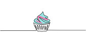 istock One single line drawing of sweet muffin cake. Delicious cupcake shop menu and restaurant badge concept. Sweet pastry online shop logo vector illustration. Modern hand draw design cookies 1255537514
