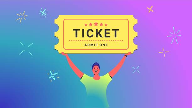 One ticket admission concept vector One ticket admission concept vector illustration of young man holds over his head big ticket for movie or other event as a winner. Happy bright people win prizes via lottery on gradient background. coupon illustrations stock illustrations
