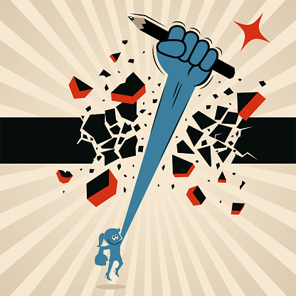 Blue Characters Vector Art Illustration.
One woman (Female Author, Journalist, Artist, Editor) breaking through a ceiling wall with her powerful fist and pencil.