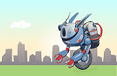 A one-wheeled robot riding against the backdrop of an urban landscape. Unmanned Delivery Robot. Vector illustration with copy space.