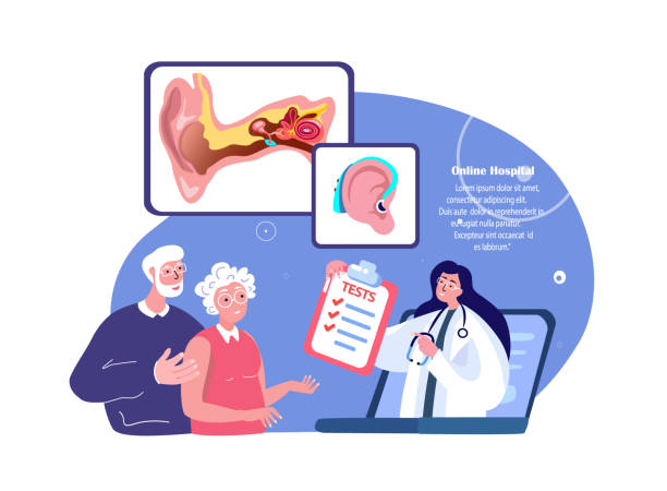 online audioologist ent-doctor consultate old pensioners couple man, woman patient.deaf-aid, aerophone, otitic hearing aid,digital treatment.orl clinic. diagnostyka internetowego szpitala medycznego. ilustracja - hearing aid stock illustrations