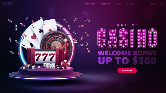 Online casino, welcome bonus, banner for website with button, slot machine, Casino Roulette, poker chips, playing cards on podium with round neon frame