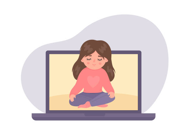 Online children meditation, yoga class Online children meditation, yoga class. Cute girl meditates on laptop screen. Distance kids relax, mindfulness, breathing training. yoga clipart stock illustrations