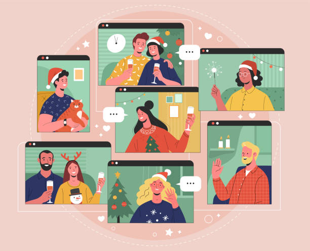 ilustrações de stock, clip art, desenhos animados e ícones de online christmas celebration. - smartphone christmas