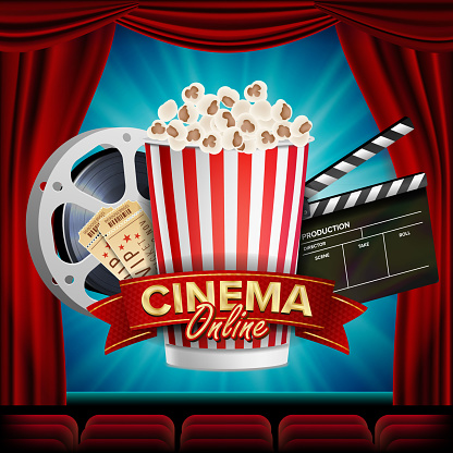 Online Cinema Banner Vector. Realistic. Film Industry Theme. Box Of Popcorn, Elements Of The Movie Theater. Theater Curtain. Illustration