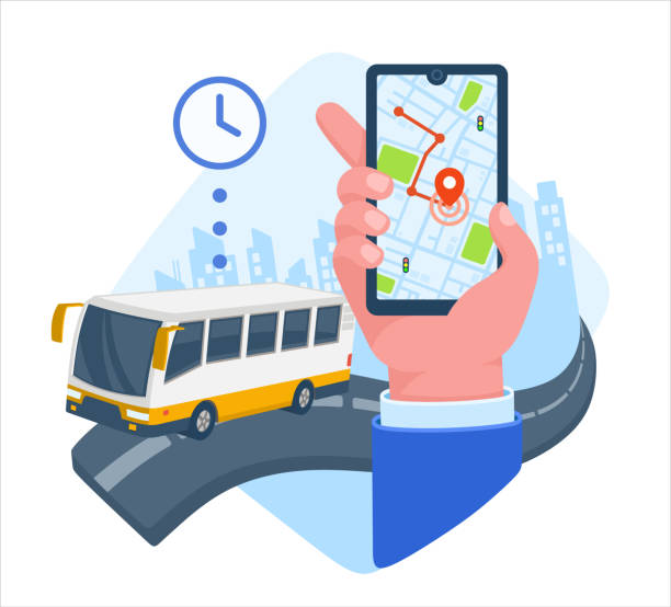 ilustraciones, imágenes clip art, dibujos animados e iconos de stock de aplicación móvil de seguimiento de seguimiento de rutas de autobús de mapas urbanos en línea - public service
