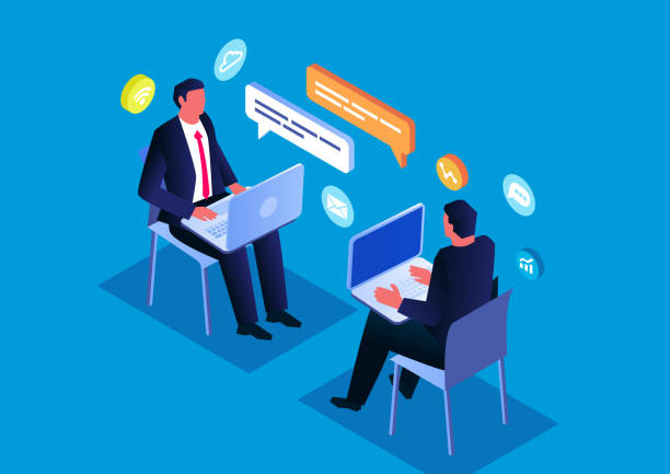 Online communication and negotiation, isometric two businessmen sitting and chatting with laptops vector art illustration