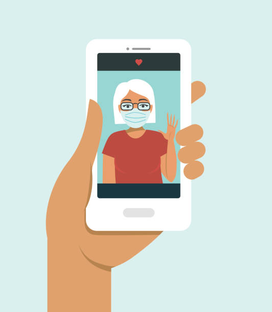 illustrazioni stock, clip art, cartoni animati e icone di tendenza di comunicazione online con l'anziano familiare, madre, nonna, online durante l'epidemia di malattia di covid-19 - selfie