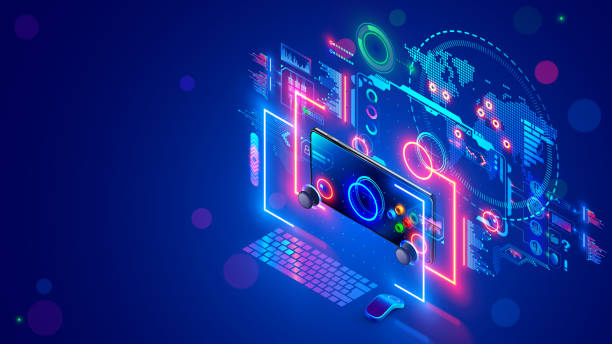 Online computer or mobile video games concept banner. E sports. Desk of computer gamer. Monitor screen, mobile phone hover near holographic of game interface, connected gaming servers on virtual map. vector art illustration