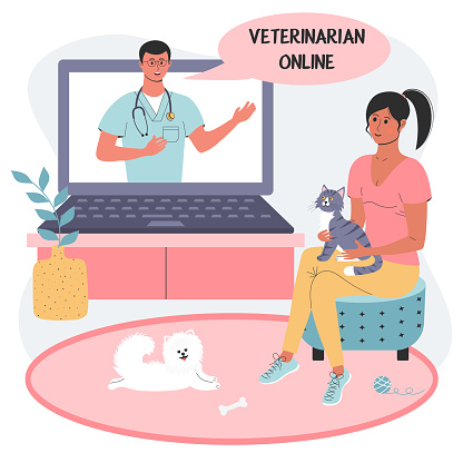 Online consultation using laptop with veterinarian. Female patient with a cat and spitz dog.
