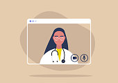 Online consultation with a female doctor, social distancing, coronavirus prevention
