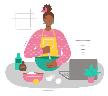 Online cooking. Afra american woman cooking and watching online recipe. Concept of video tutorial, online education, distance learning, webinars, lessons, masterclass. Culinary video blog. Isolated on a white. Modern vector illustration in flat style.