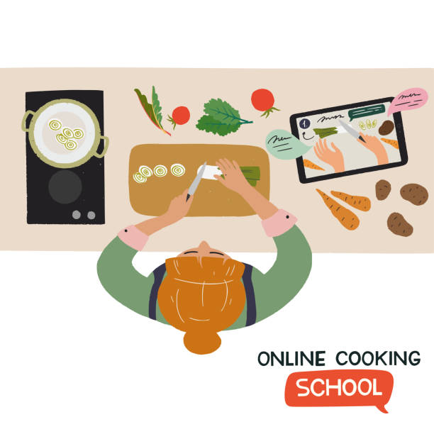 ilustrações de stock, clip art, desenhos animados e ícones de online cooking class concept - woman chopping vegetables