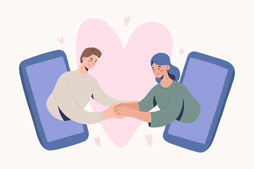 Online date, romantic couple video chat via smartphone application, concept of virtual relationship on quarantine and self-isolation. vector illustration with boyfriend and girlfriend characters