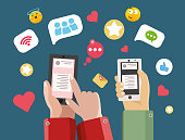 Online dating app - modern vector colorful illustration, Chat messages smartphone, Sms on mobile phone screen. Man, woman couple chatting, Messaging using chat app or social network. Two persons cellphone conversation sending messages. vector illustration. vector ,icon ,talking ,message ,smart phone ,mobile phone ,online messaging ,discussion ,communication ,computer ,human hand ,internet ,social media  ,technology ,text messaging ,vitality ,wireless technology