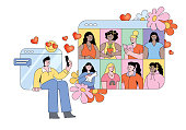 Man scrolling online dating profiles, searching for romantic partner.
Editable vectors on layers.