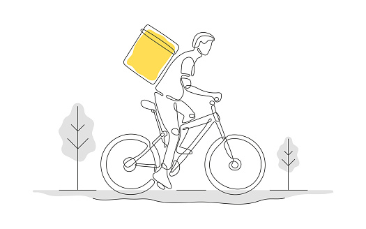 Online delivery service. Delivery home and office. One line art. Delivery man on bicycle. Vector illustration