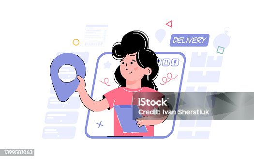 istock Online delivery theme. Girl holding navigation, location label. Element for the design of presentations, applications and websites. Trend illustration. 1399581063