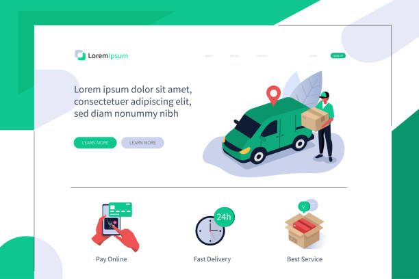online delivery Online Delivery Service Landing Page Template. Courier holding Parcel Box with Purchases and standing near Delivery Van. Online Shopping and Logistic Concept. Flat Isometric Vector Illustration. mini van stock illustrations