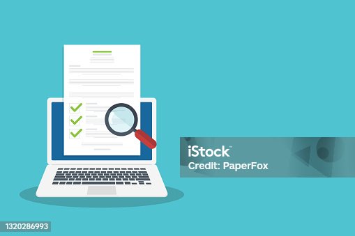 istock Online digital document inspection or assessment evaluation on laptop computer, contract review, analysis, inspection of agreement contract, compliance verification. Vector illustration 1320286993