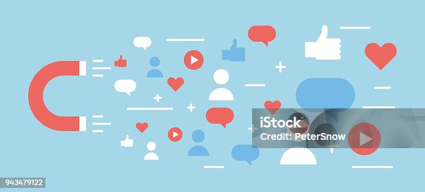 istock Online digital media magnet and influencer. Vector background illustration concept for popularity, likes, comments, followers. 943479122