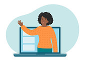 Online distance education. Teacher explain the topic of the lesson. African-american woman talking on laptop screen. Educational webinar vector illustration.
