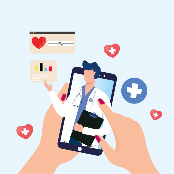 online doctor and telemedicine concept. vector of connecting with an online doctor using a smartphone app. online professional examination and prescription illustration. - 醫療保險 插圖 幅插畫檔、美工圖案、卡通及圖標
