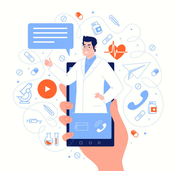 Online doctor consultation. Doctor on smartphone screen in messenger chat. Online medical services, consultations, support. Vector flat cartoon illustration. general view stock illustrations
