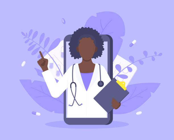 Online doctor medical service concept with doctor in the smartphone vector illustration. Telemedicine web consultation for patients health care check ups and taking medicine prescription pills. Online doctor medical service concept with doctor in the smartphone vector illustration. Telemedicine web consultation for patients health care check ups and taking medicine prescription pills. black woman using phone stock illustrations