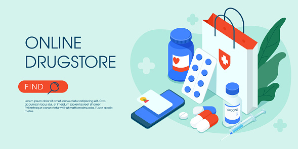 Online drugstore service isometric vector illustration. Pay with a smartphone or card to buy medicine pills, bottles, capsules.