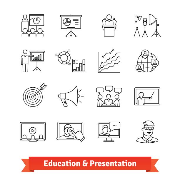 Online education and Academic presentation Online education and Academic presentation. Thin line art icons set. E-learning, office training, coaching. Linear style symbols isolated on white. teacher clipart stock illustrations