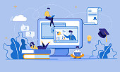 Online Education, E-Learning, E-Library via Digital Device. Educational Application, Video Tutorials. Cartoon Students Use Laptop and Wi-Fi. Electronic Graduation Certificate. Vector Flat illustration