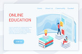 Online education, elearning isometric landing page vector template. Virtual library, e learning program, ebook reading website design layout. Online courses, classes, training 3d concept illustration