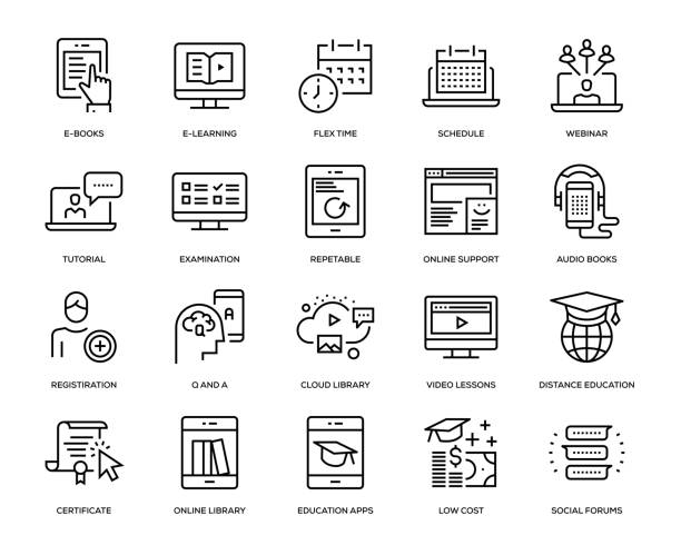 Online Education Icon Set Online Education Icon Set - Thin Line Series laptop symbols stock illustrations