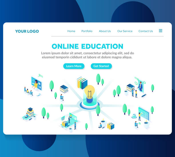 online education isometric landing page template. Modern web page...