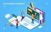 Online education page for smartphone application or digital college, school banner with man and woman student. E-learning page with notebook and people. Digital course, tutorial, information concept