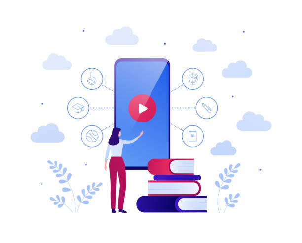 Online education video app for online course concept. Vector flat people illustration. Woman touch screen of smart phone with play button. Book and college theme icons. Design for banner, infographic. how to use books app stock illustrations