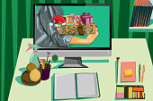 Illustration of a desk with a computer and online call during Christmas holidays