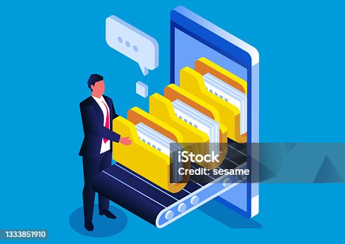 istock Online file transfer, the isometric businessman puts the folder on the transfer belt of the smartphone and performs file transfer and storage 1333851910
