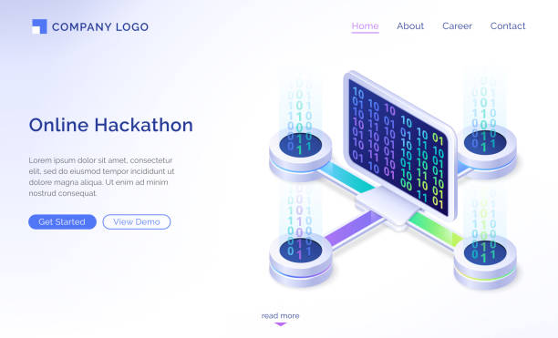 Online hackathon isometric landing page, banner Online hackathon isometric landing page. Computer desktop with binary code on screen connected to remote platforms. Pc software development, coding, work with digital data concept 3d vector web banner hackathon stock illustrations