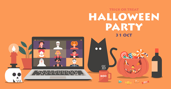 Online Halloween party concept banner, friends meeting together on video call