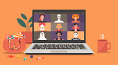Online Halloween party concept, people in horror costumes on laptop screen have video conference to celebrate festival, friends meeting or connecting together on video call, vector illustration