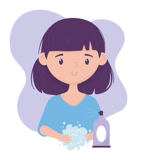 stockillustraties, clipart, cartoons en iconen met online gezondheid, meisje wassen handen met zeep spray covid 19 coronavirus - ramos
