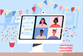 Online internet party, birthday, meeting friends. Birthday celebration in quarantine mode. Friends have fun in a video conference,chat. People drink wine together in quarantine. Vector illustration